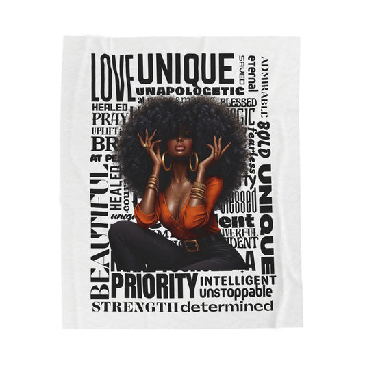 Velveteen Plush Blanket — 'Love Unique' Afrocentric Empowerment Throw (Black Woman Art, Inspirational Words)
