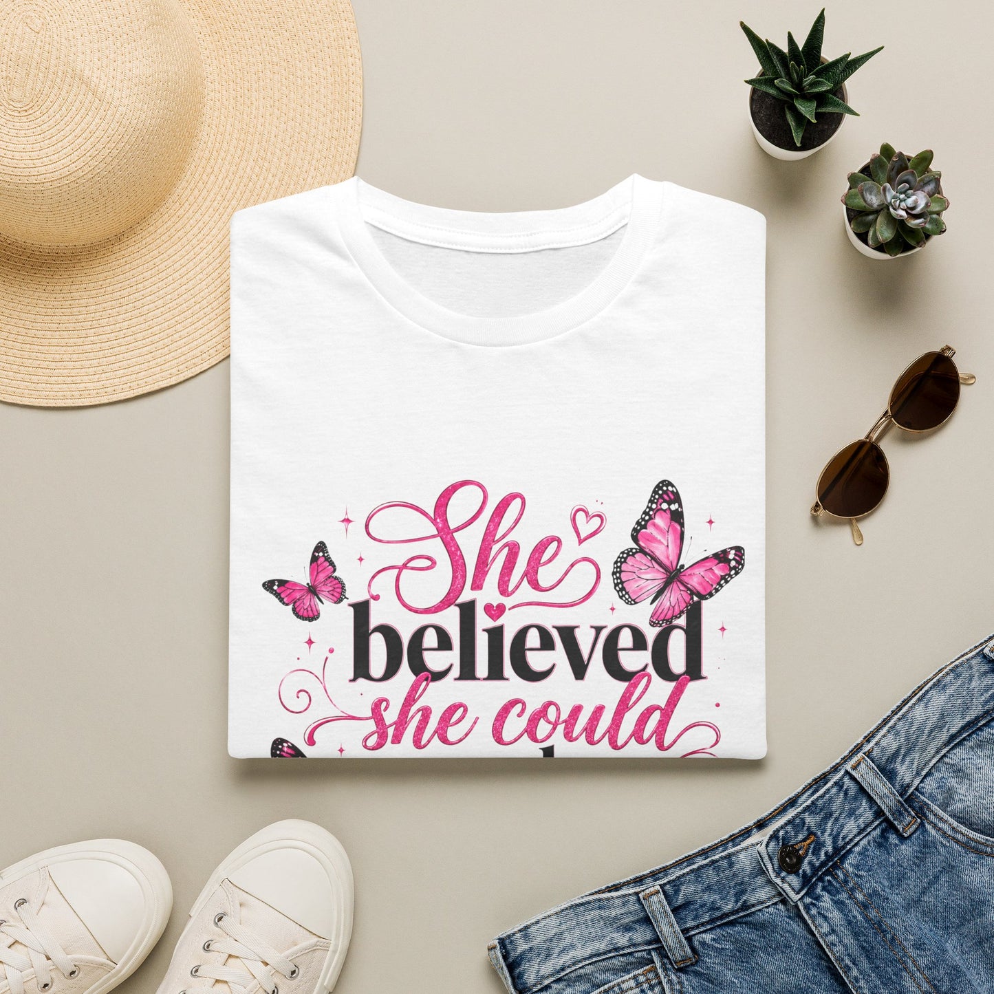 She Believed She Could T-Shirt — Inspirational Pink Butterfly Tee