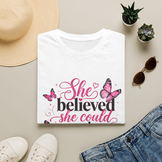 She Believed She Could T-Shirt — Inspirational Pink Butterfly Tee