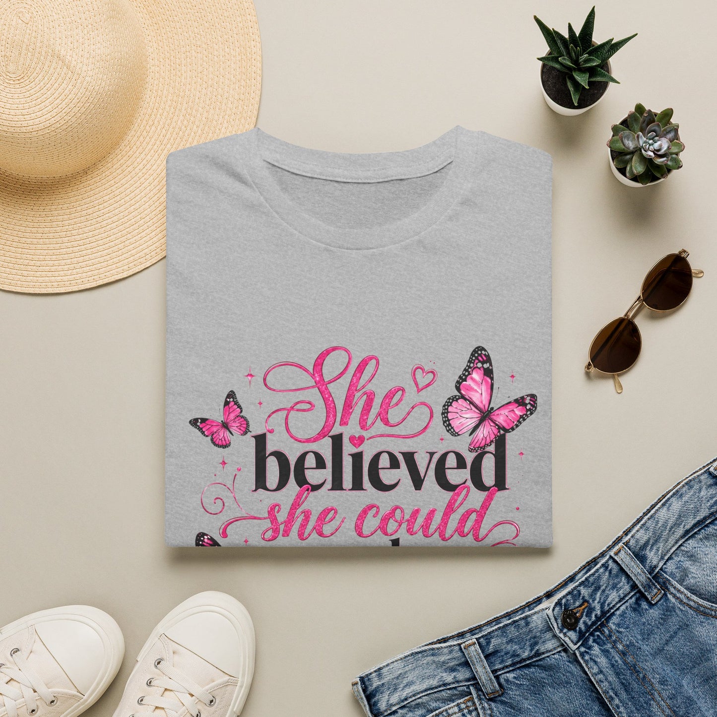 She Believed She Could T-Shirt — Inspirational Pink Butterfly Tee