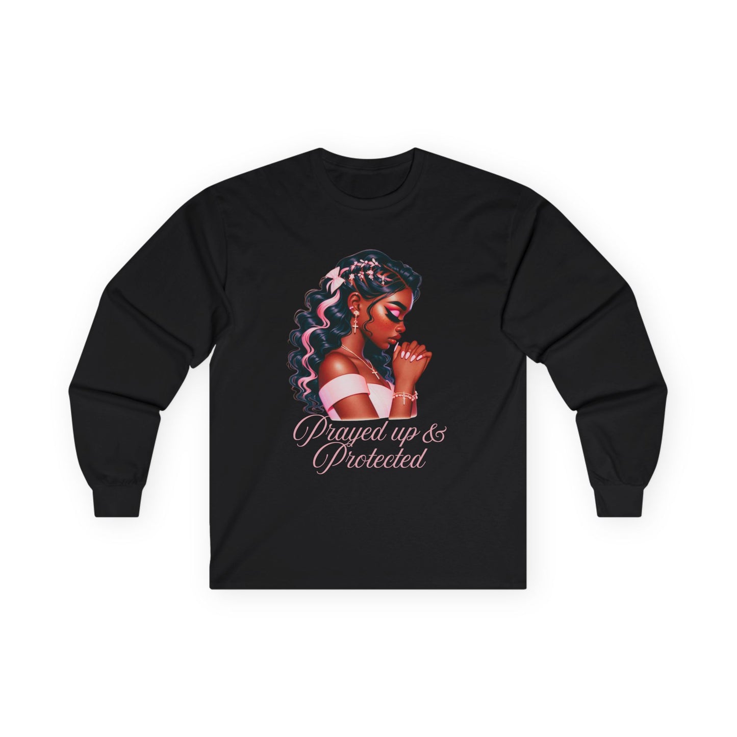 Long Sleeve Tee — "Prayed Up & Protected" Black Woman Prayer Graphic