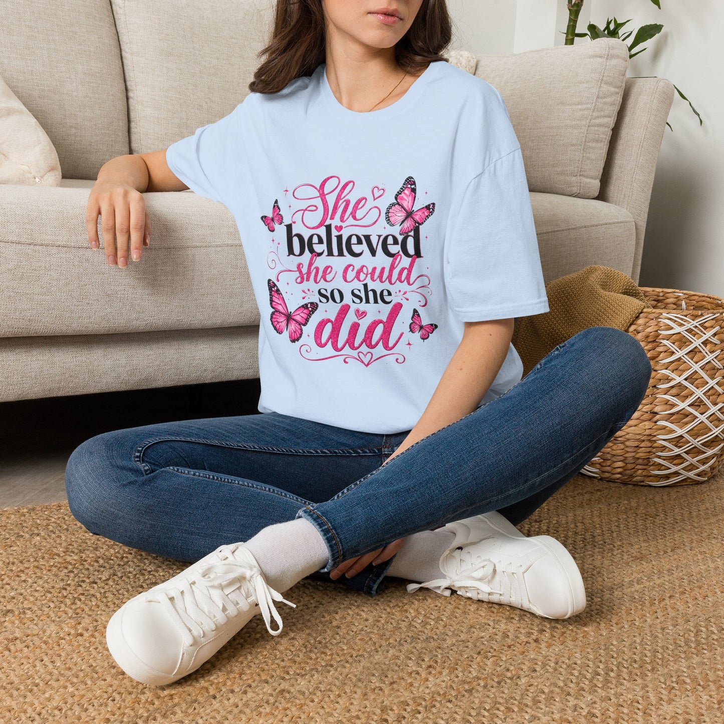 She Believed She Could T-Shirt — Inspirational Pink Butterfly Tee