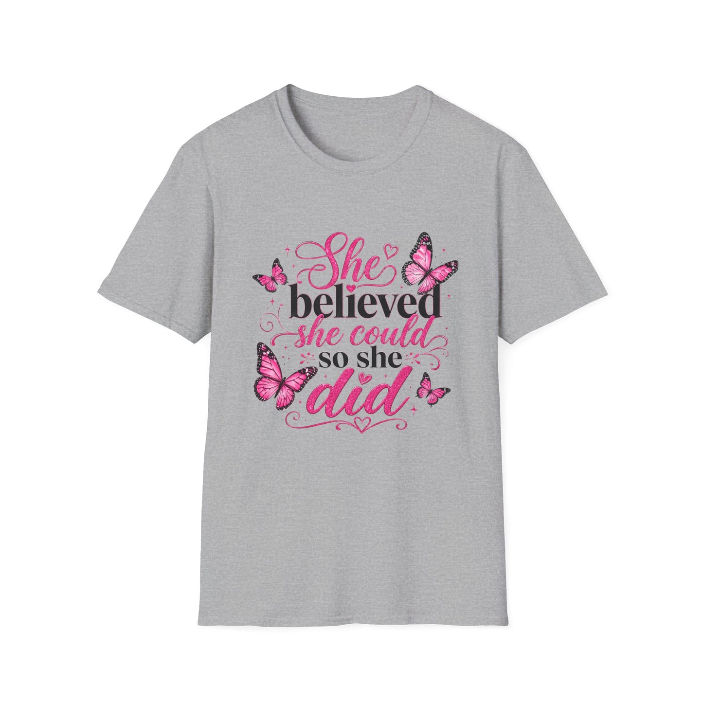 She Believed She Could T-Shirt — Inspirational Pink Butterfly Tee