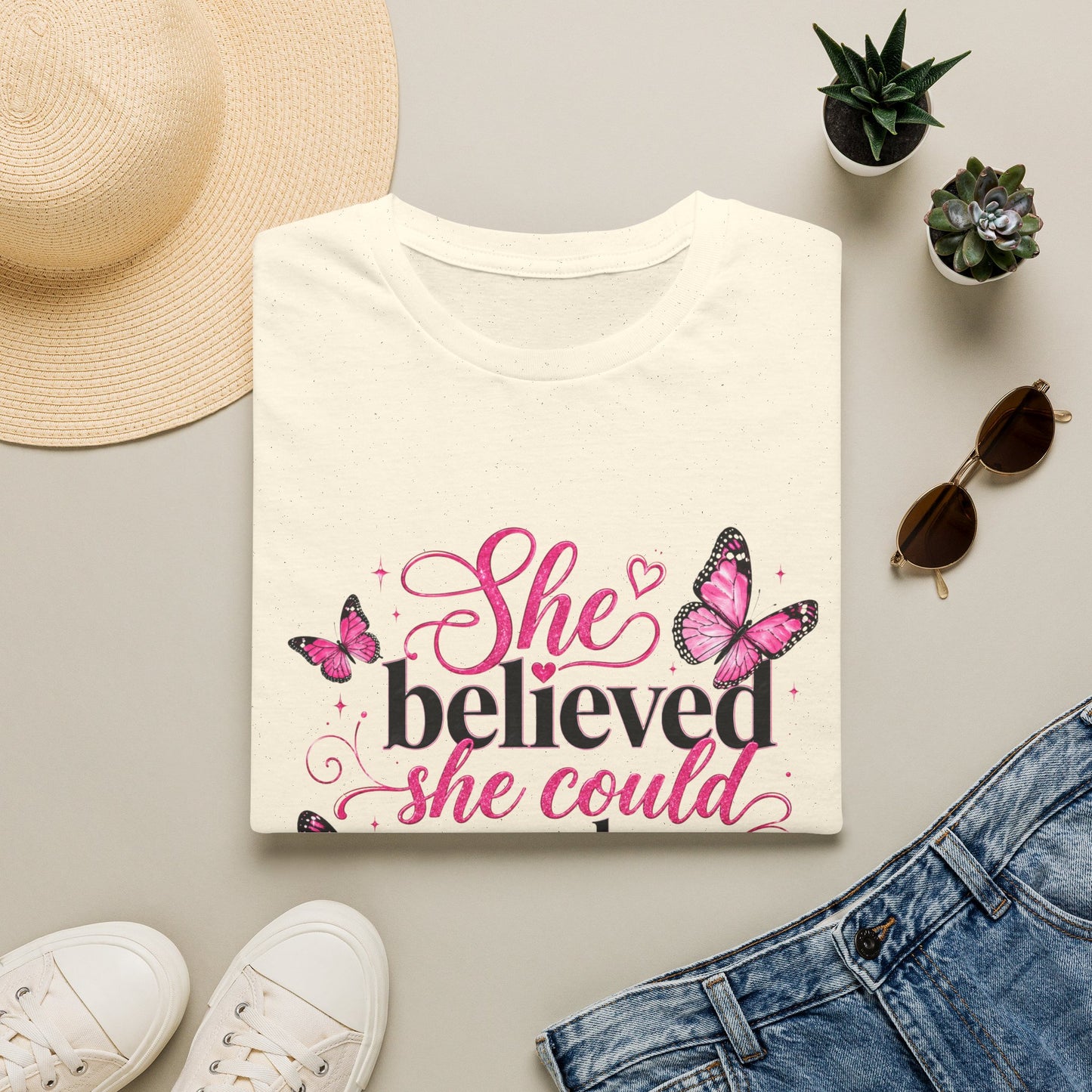 She Believed She Could T-Shirt — Inspirational Pink Butterfly Tee
