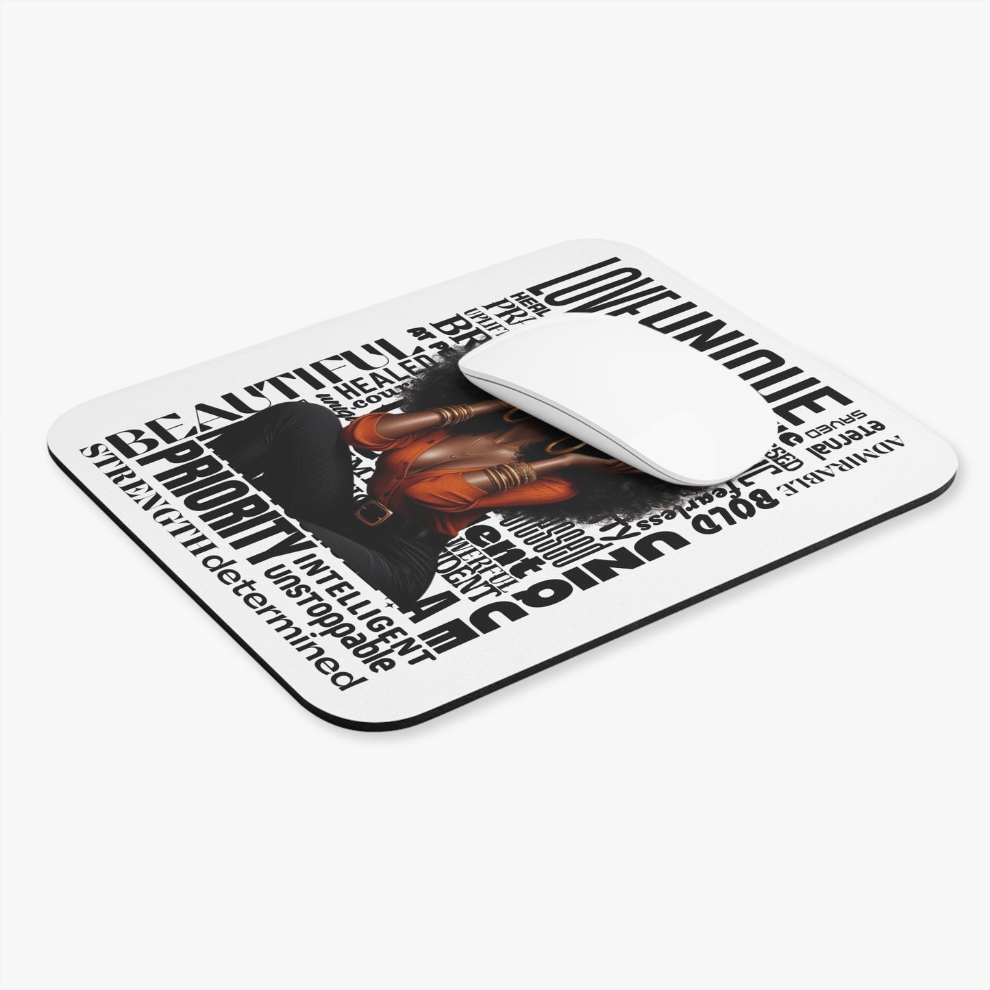 Black Woman Empowerment Mouse Pad — "Love. Unique. Priority." Inspirational Desk Mat