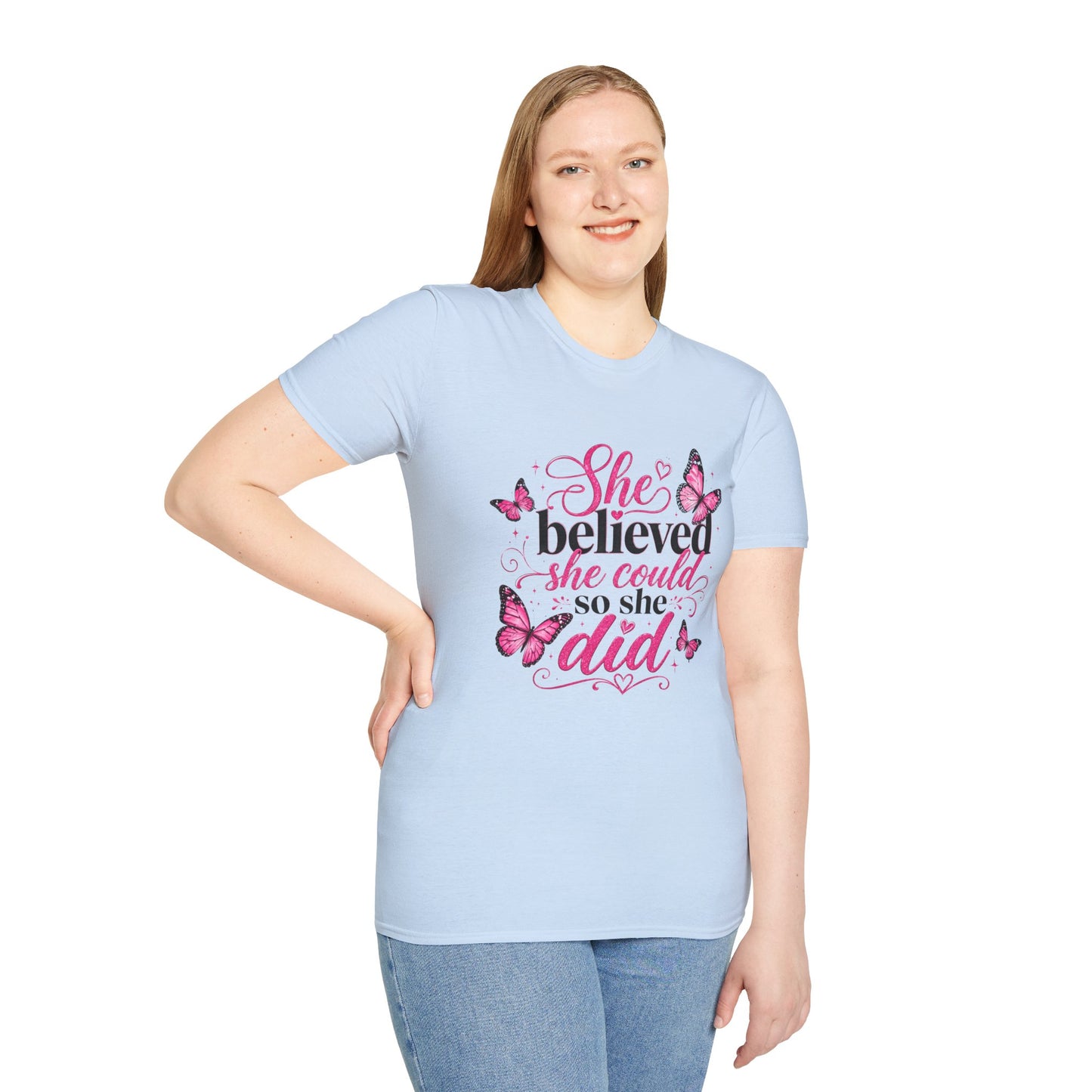 She Believed She Could T-Shirt — Inspirational Pink Butterfly Tee