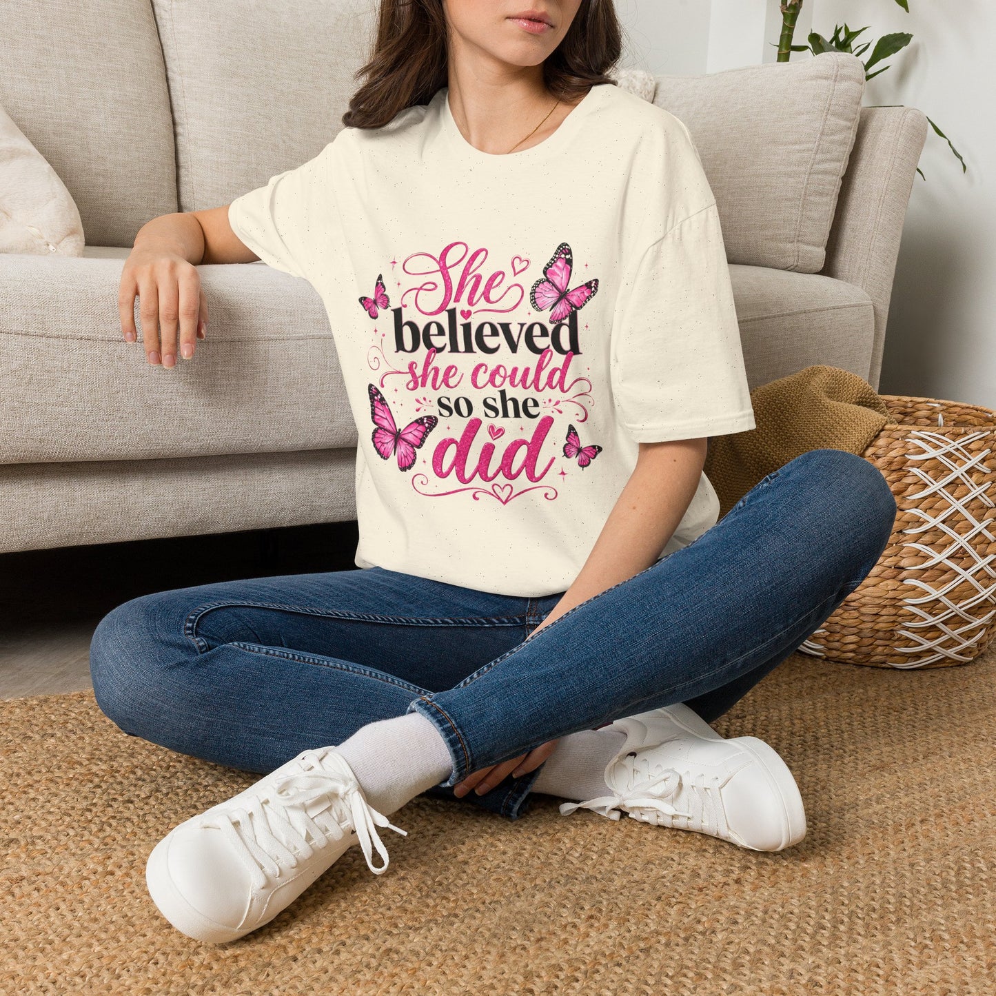 She Believed She Could T-Shirt — Inspirational Pink Butterfly Tee