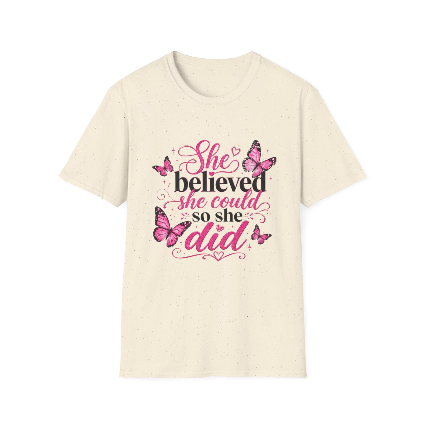 She Believed She Could T-Shirt — Inspirational Pink Butterfly Tee