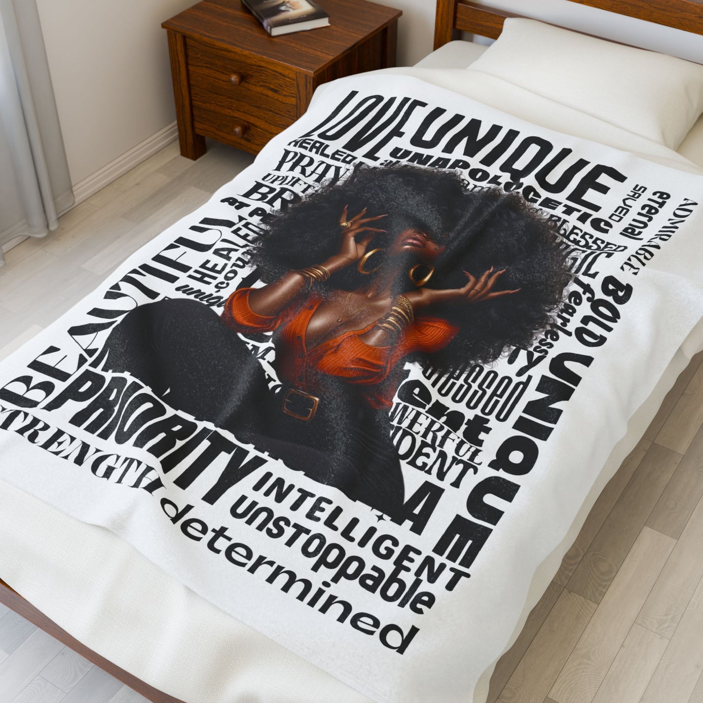 Velveteen Plush Blanket — 'Love Unique' Afrocentric Empowerment Throw (Black Woman Art, Inspirational Words)