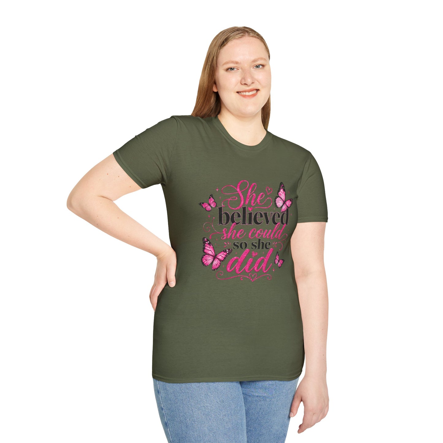 She Believed She Could T-Shirt — Inspirational Pink Butterfly Tee