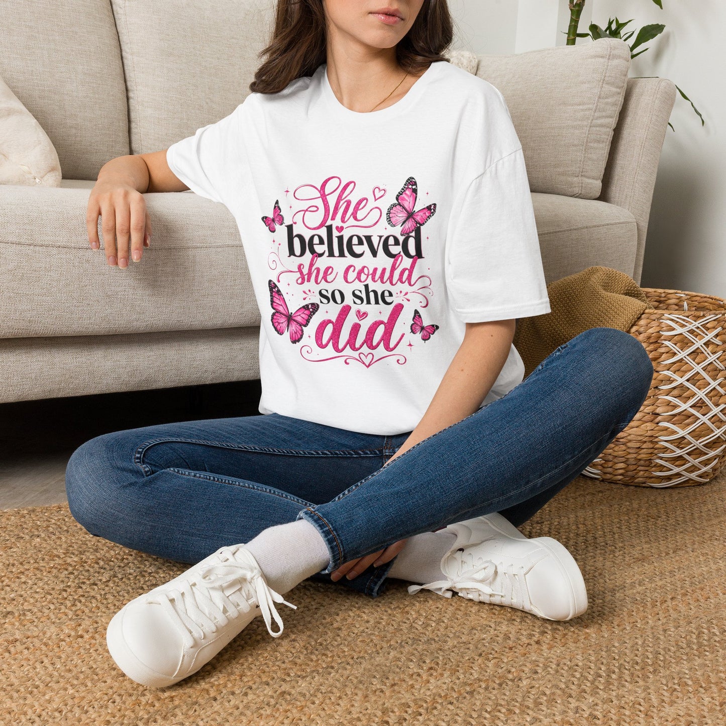 She Believed She Could T-Shirt — Inspirational Pink Butterfly Tee