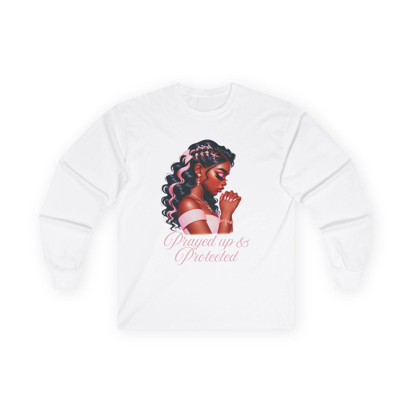 Long Sleeve Tee — "Prayed Up & Protected" Black Woman Prayer Graphic