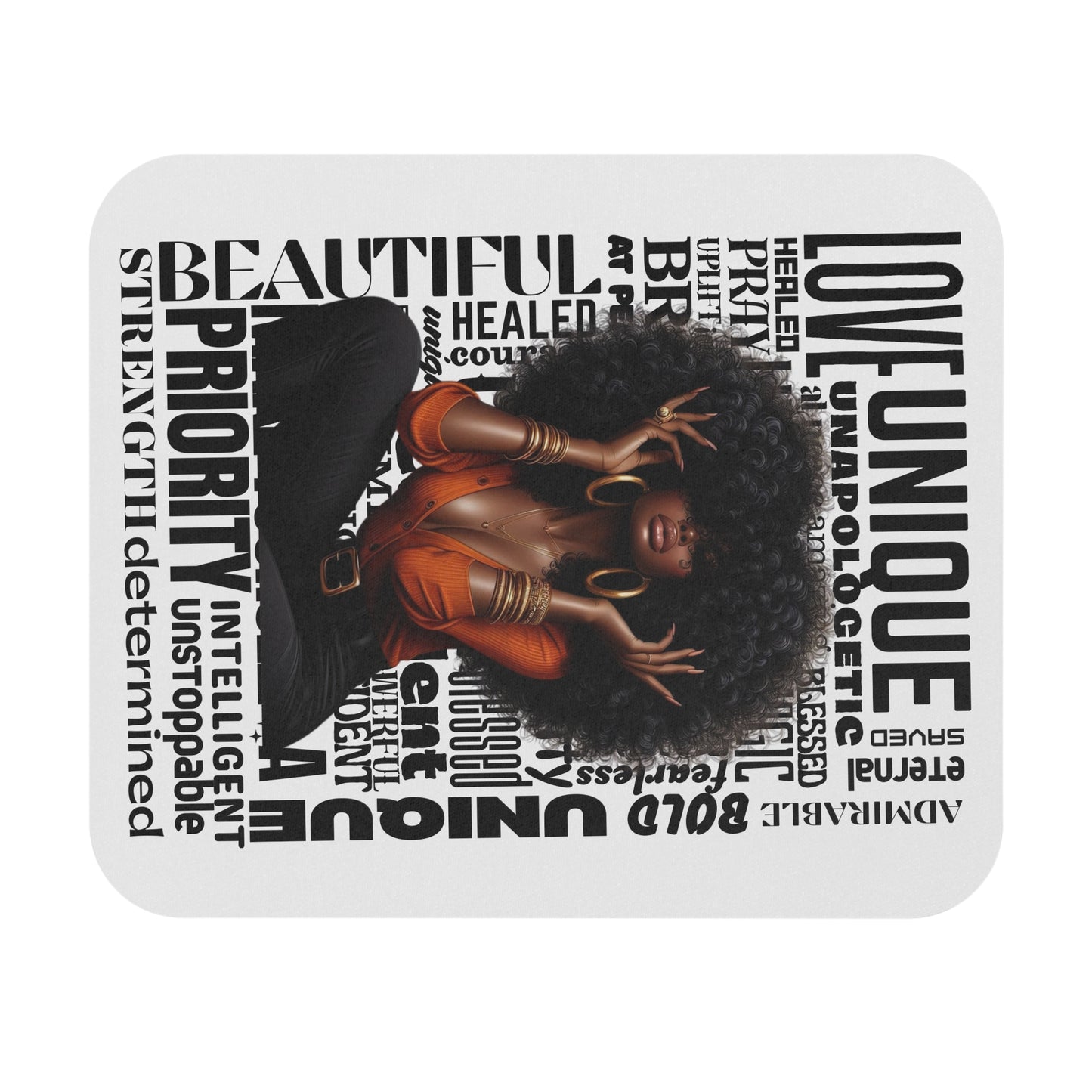 Black Woman Empowerment Mouse Pad — "Love. Unique. Priority." Inspirational Desk Mat