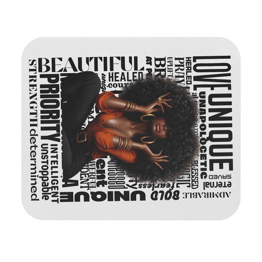 Black Woman Empowerment Mouse Pad — "Love. Unique. Priority." Inspirational Desk Mat