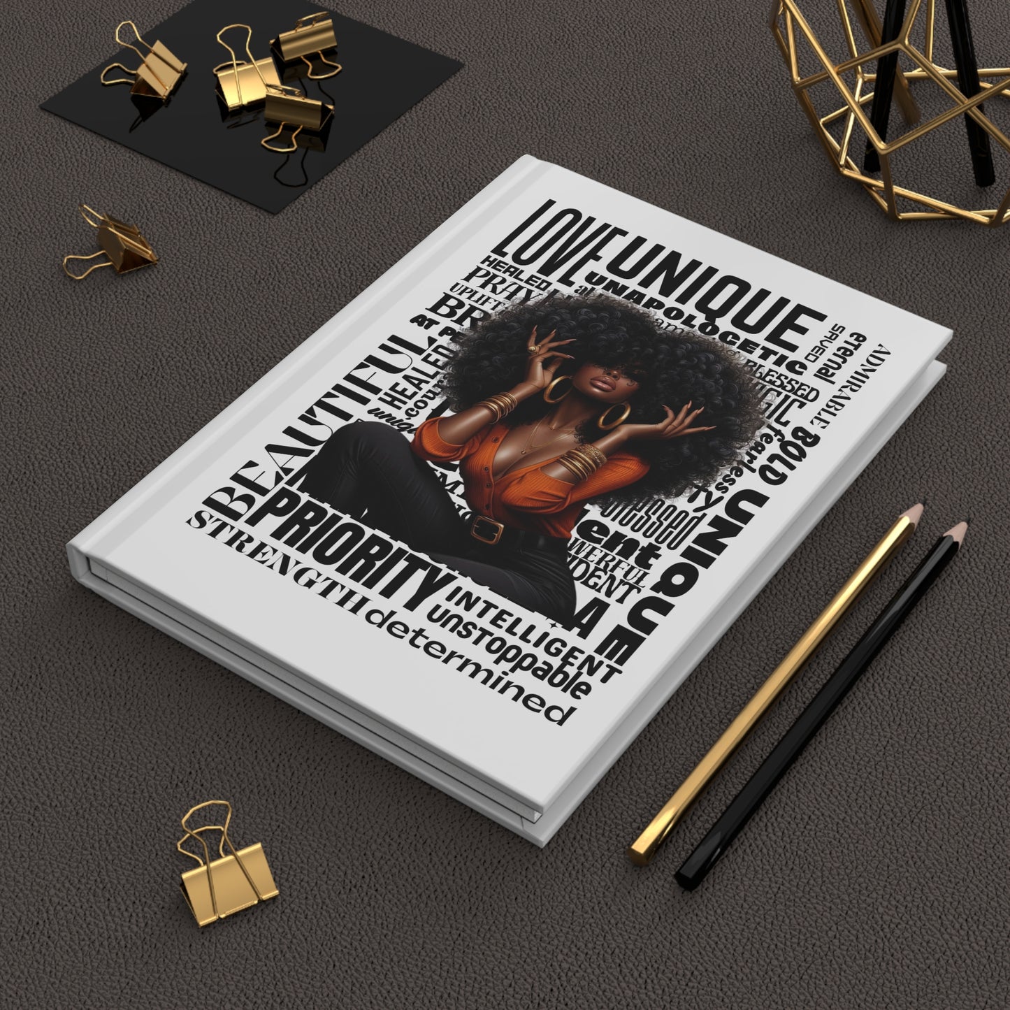 Afrocentric Empowerment Hardcover Journal — "LOVE UNIQUE" Word Art