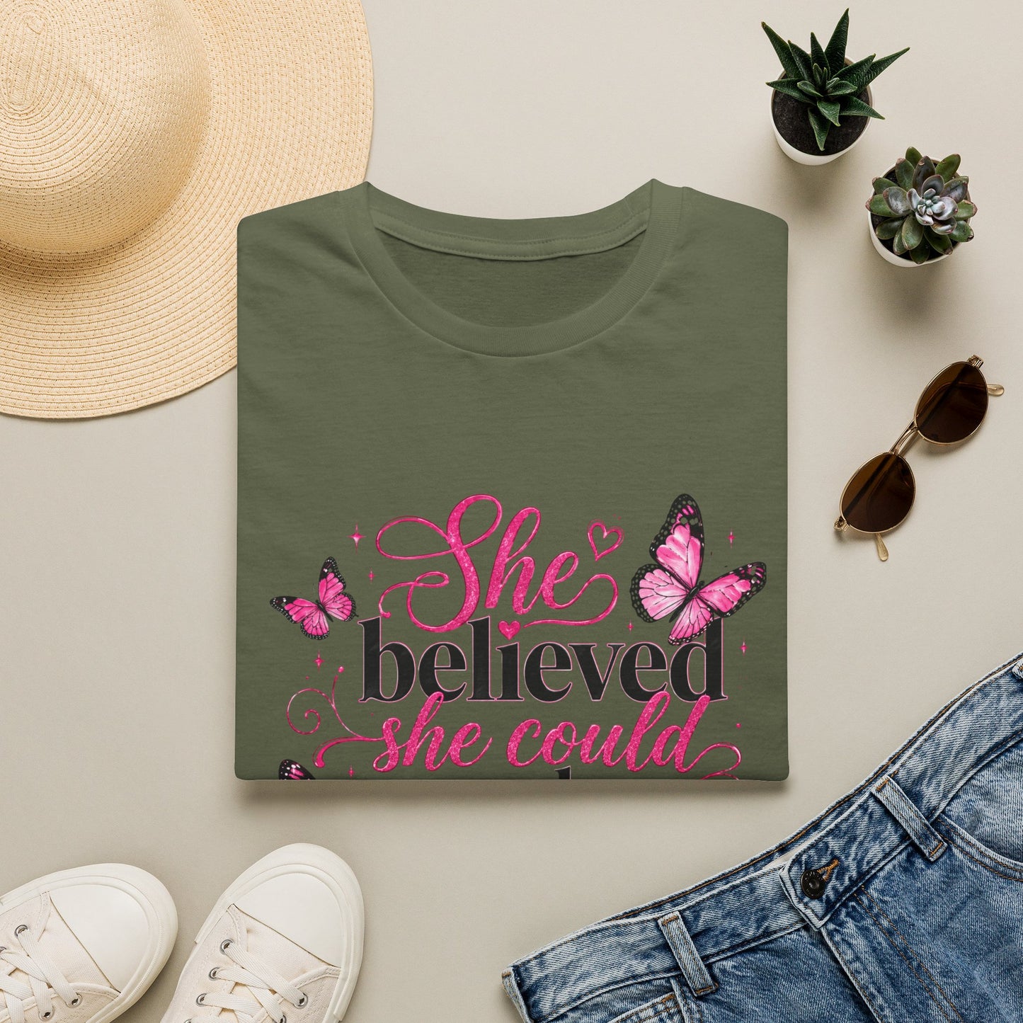 She Believed She Could T-Shirt — Inspirational Pink Butterfly Tee