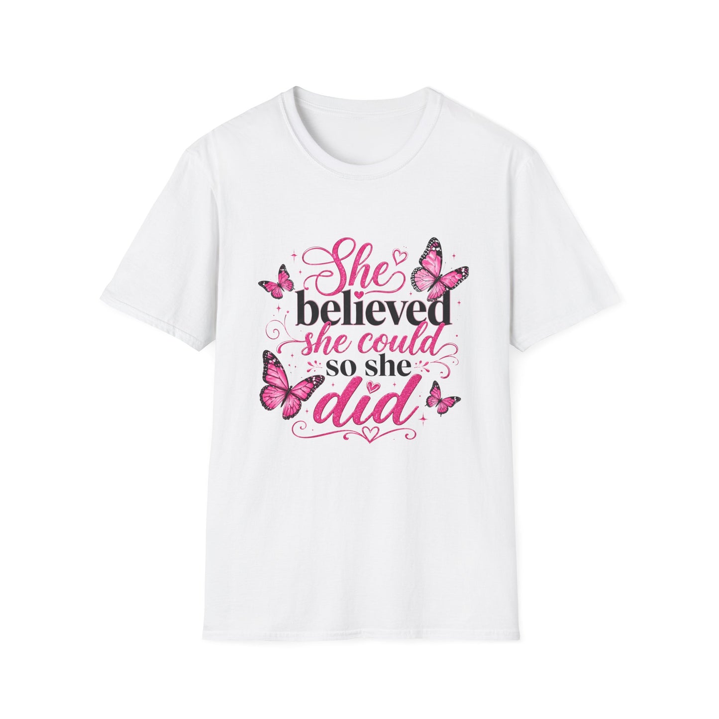 She Believed She Could T-Shirt — Inspirational Pink Butterfly Tee