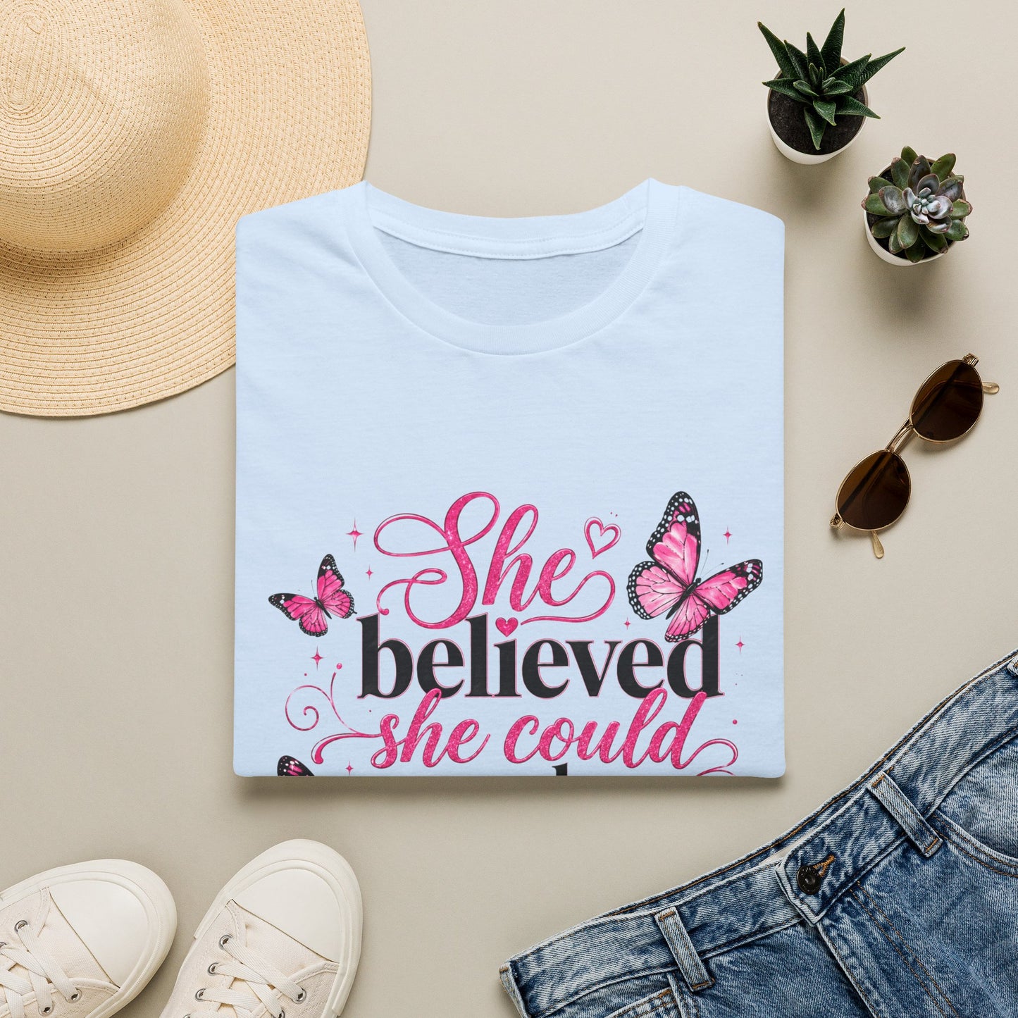 She Believed She Could T-Shirt — Inspirational Pink Butterfly Tee